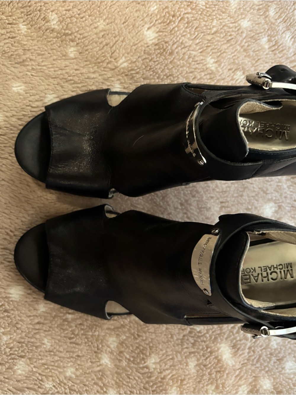 MICHAEL Michael Kors Black Open-Toe Ankle Booties with Buckle